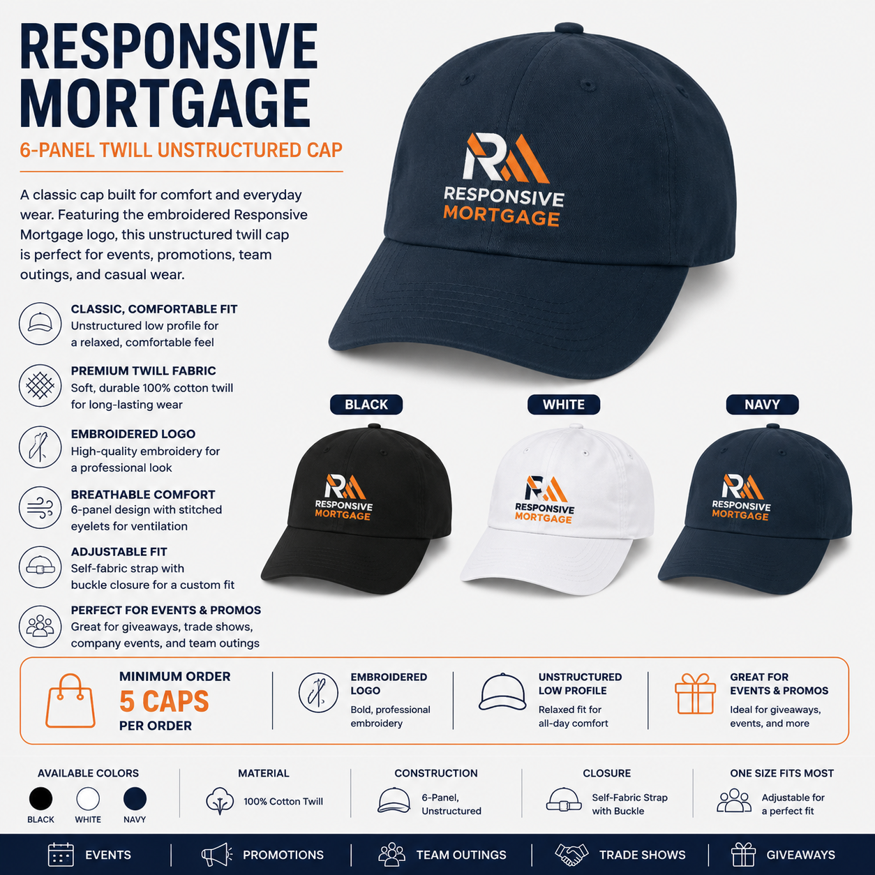 Responsive Mortgage 6-Panel Twill Unstructured Cap for Events - Minimum Order 5