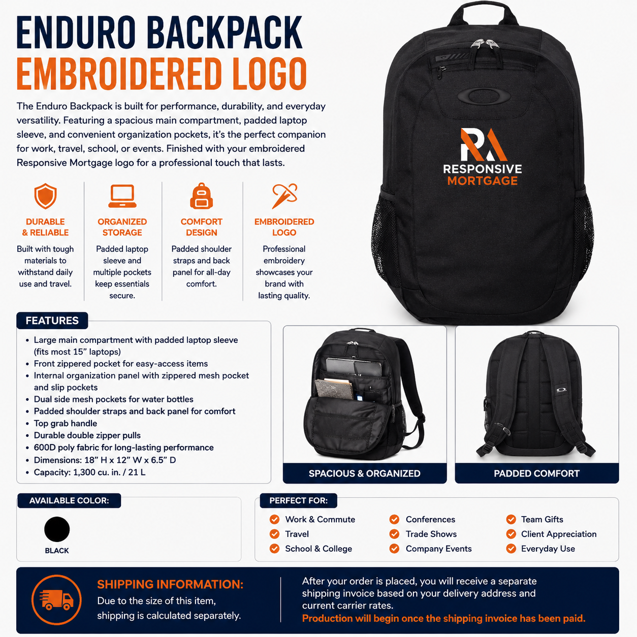 Responsive Mortgage Enduro Backpack with Embroidered Logo