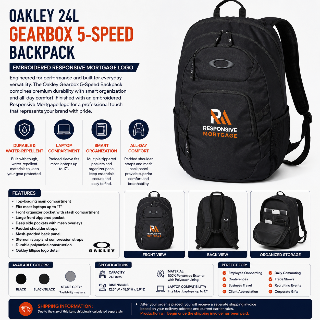 Responsive Mortgage Oakley 24L Gearbox 5-Speed Backpack with Embroidered Logo