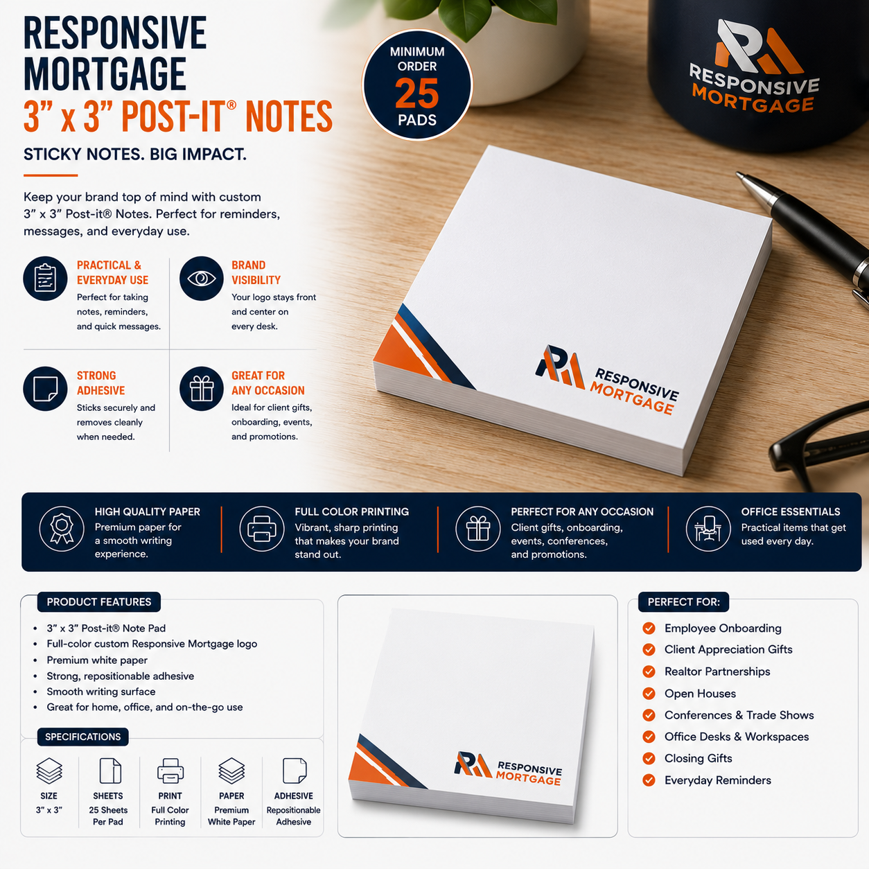 Responsive Mortgage Custom 3" × 3" Post-it® Notes - Minimum 25 pieces